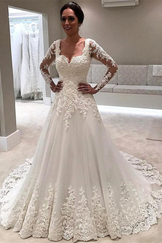 A-Line Long Sleeves Wedding Dress with Lace Appliques
