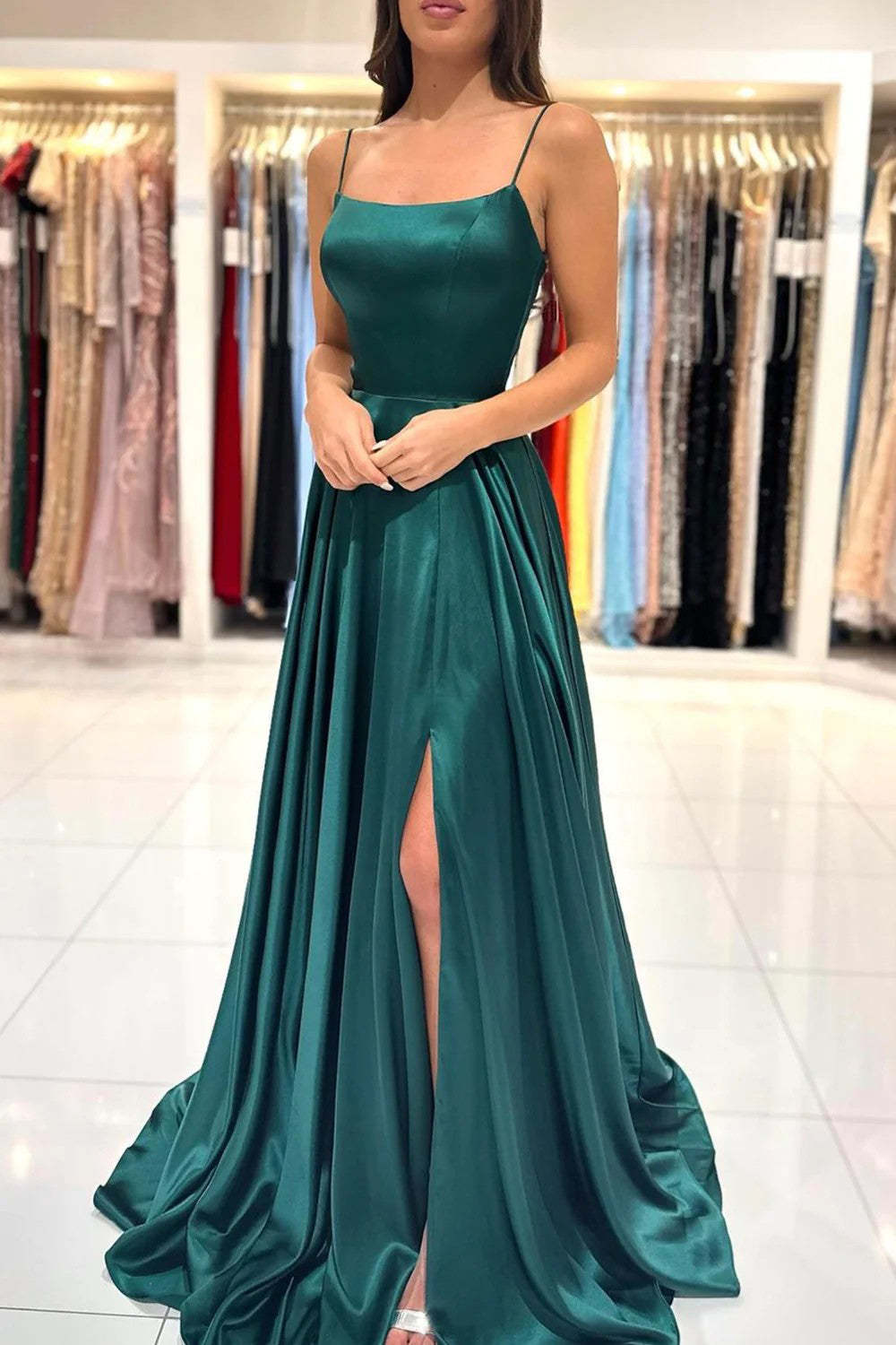 Dark Green Backless Satin Prom Dress with Spaghetti Straps in A-Line