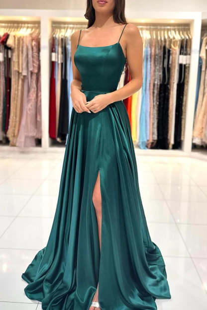 Dark Green Backless Satin Prom Dress with Spaghetti Straps in A-Line