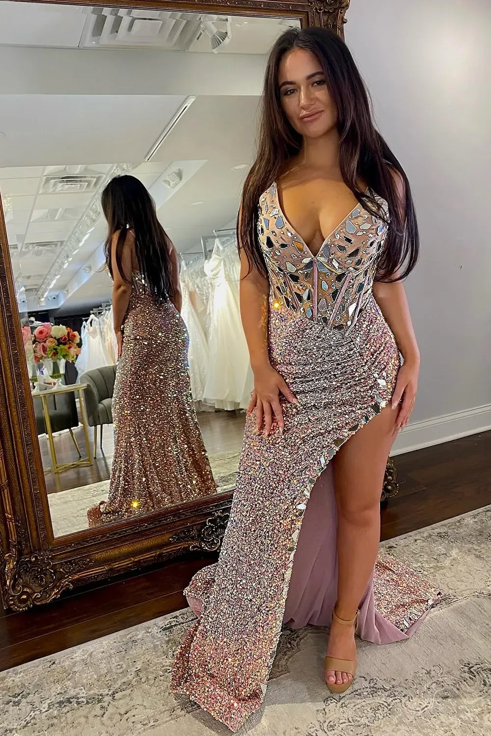 Long Corset Prom Dress in Emerald Green with Mermaid Sequins and Spaghetti Straps Featuring a Slit