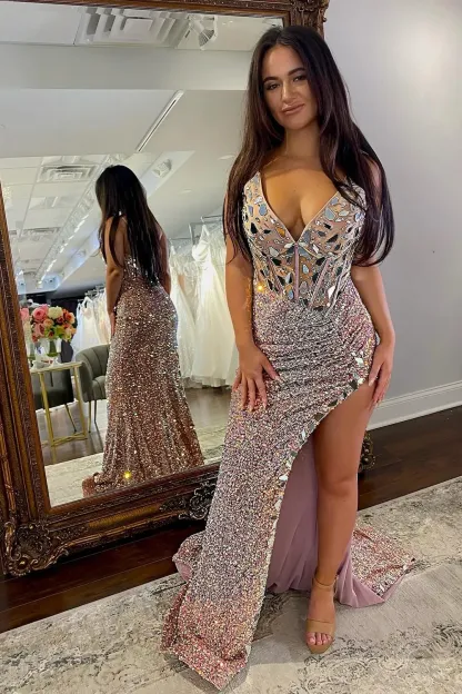 Long Corset Prom Dress in Emerald Green with Mermaid Sequins and Spaghetti Straps Featuring a Slit