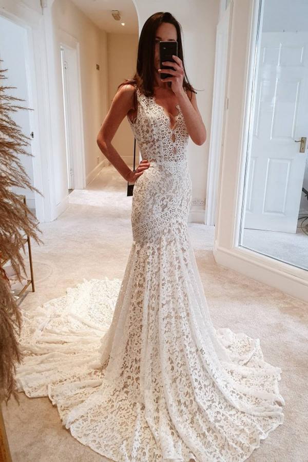 Chic Long Mermaid V-Neck Open Back Wedding Dress with Lace