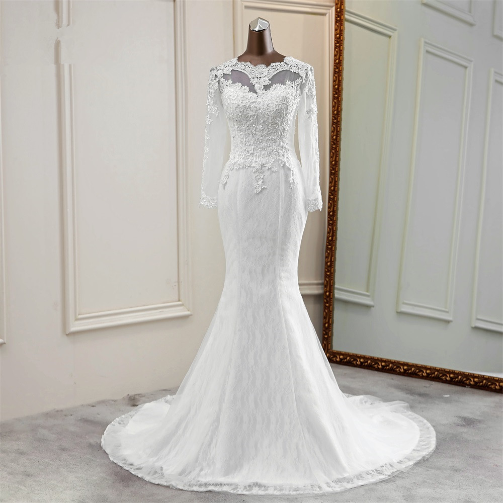 Classic Mermaid Jewel Long Sleeves Wedding Dress with Tulle