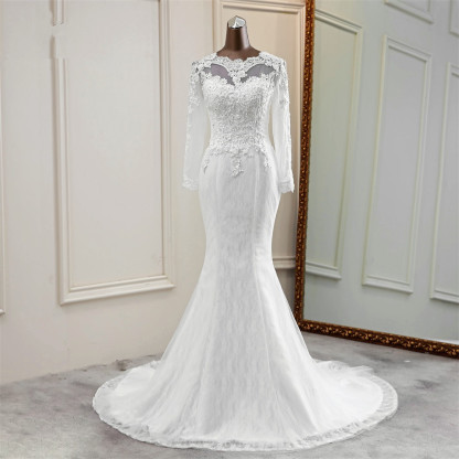 Classic Mermaid Jewel Long Sleeves Wedding Dress with Tulle