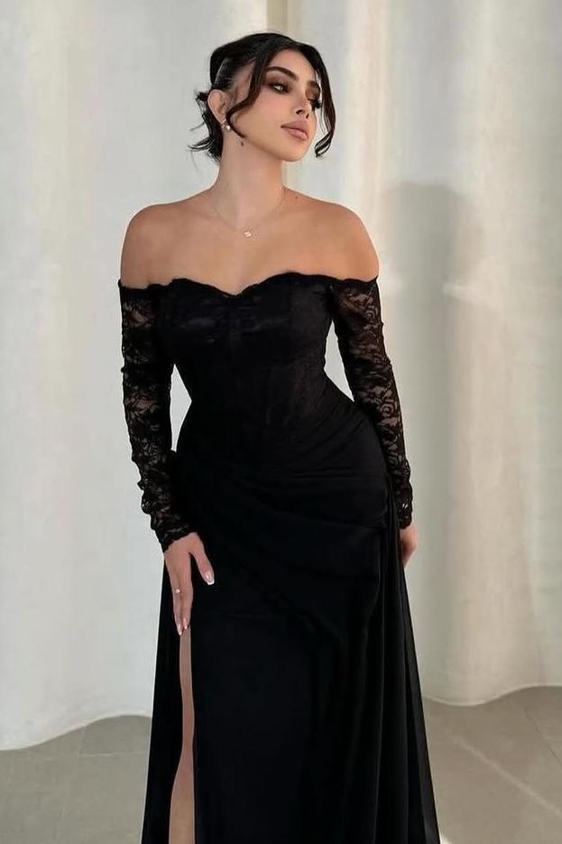 Off the Shoulder Long Sleeves Long Mermaid Formal Dress With Split