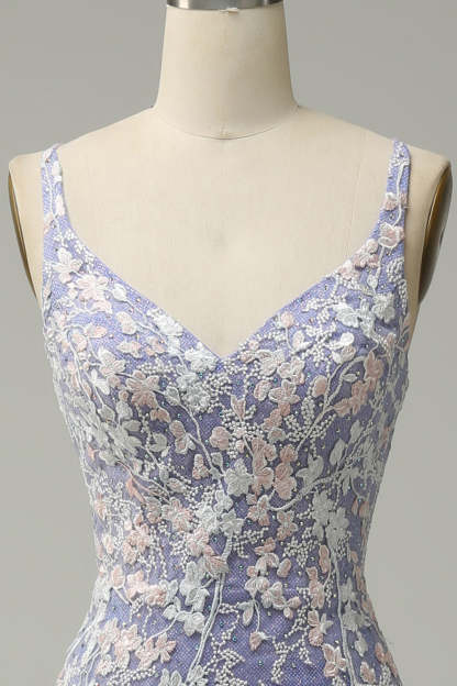 Long Blue Mermaid Prom Dress with Glitter Lace and Slit