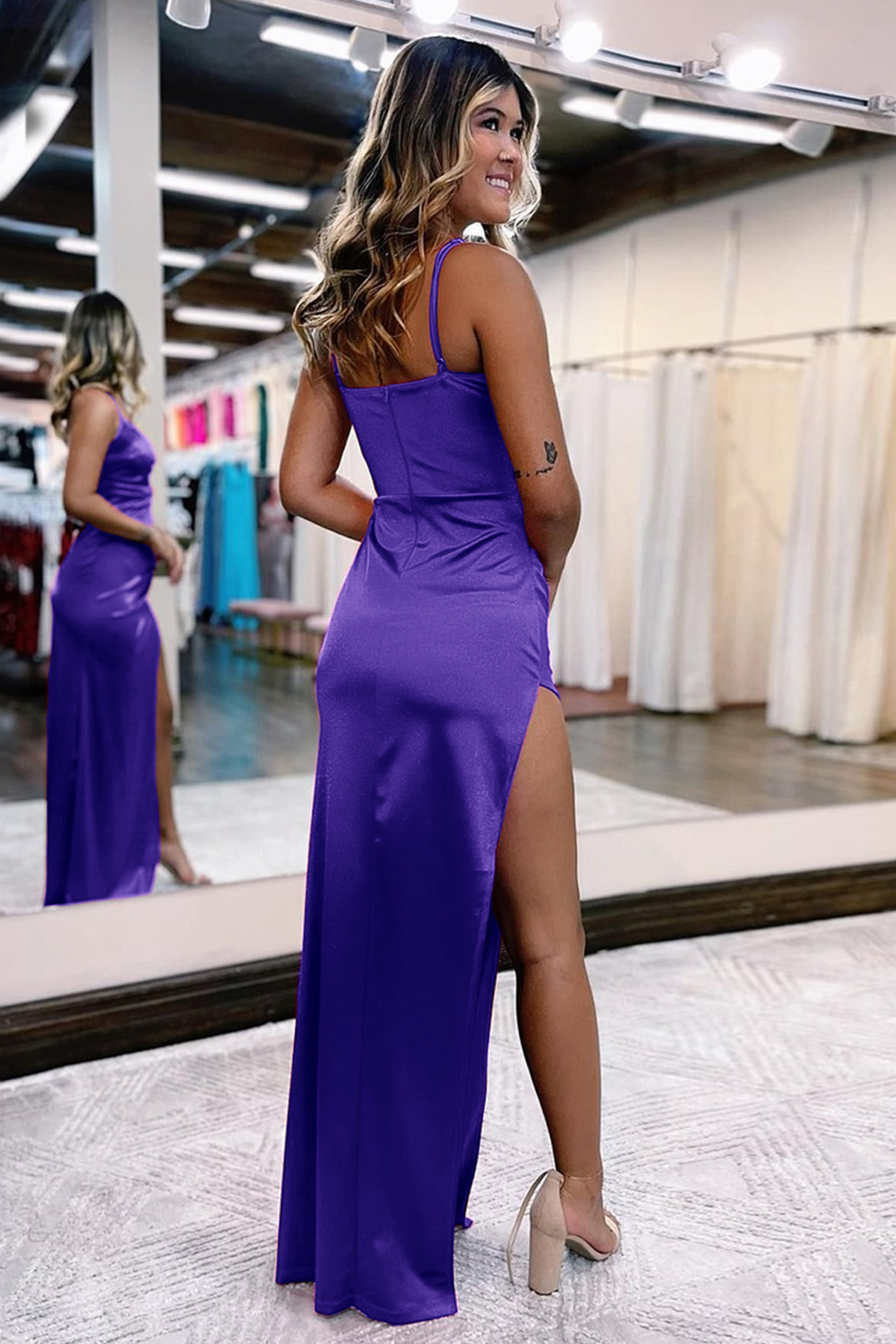 Simple V-Neck Prom Dress in Hot Pink Satin with Slit