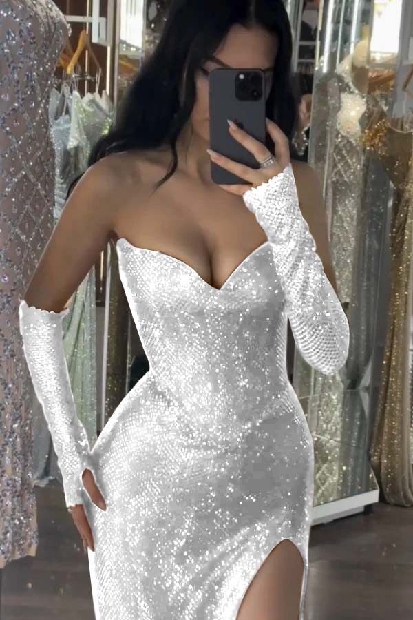 Sequin Strapless Long Mermaid Formal Dress With Split Detachable sleeves