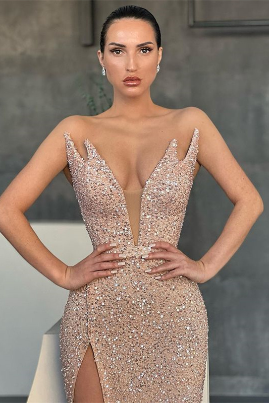 V-Neck Sequins Sleeveless Evening Dress Mermaid With Split