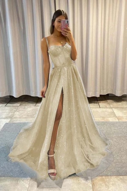 Spaghetti Strap Sleeveless Long Split Formal Dress With Sequins