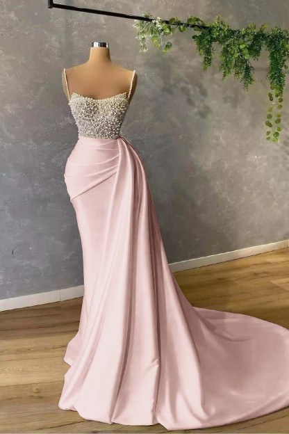 Spaghetti-Straps Elegant Pearl Mermaid Evening Dress With Sequins Pleat