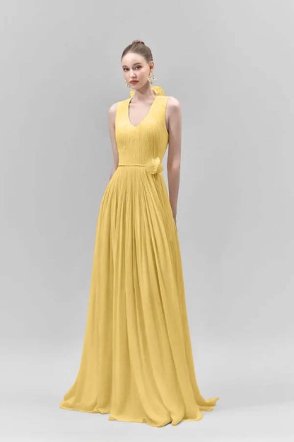 Chic Sleeveless Straps V Neck Long Formal Dress With Pleated Belt