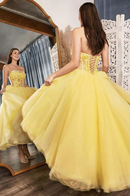 Yellow Strapless Long Prom Dress with Criss Cross Back in A-Line Style