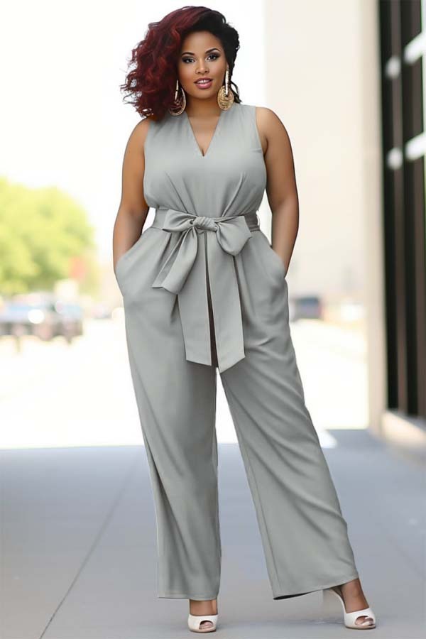 Pool Blue V-Neck Sleeveless Jump Suit With Bow Belt