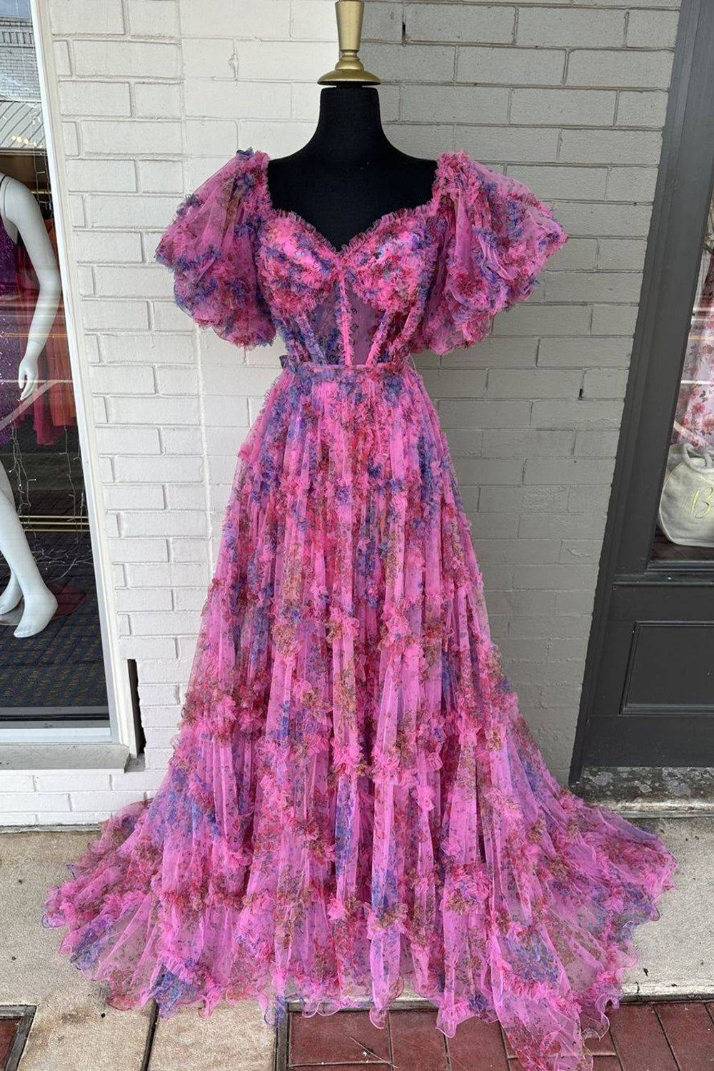 A Line Sweetheart Fuchsia Floral Printed Long Prom Dress with Short Sleeves �?Simply Unforgettable