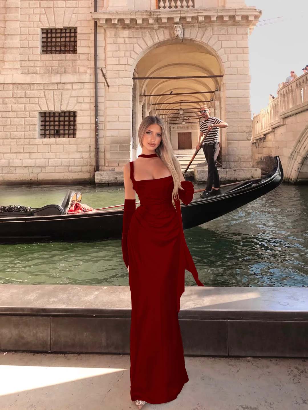 Spaghetti Strap Sleeveless Long Mermaid Formal Dress With Gloves
