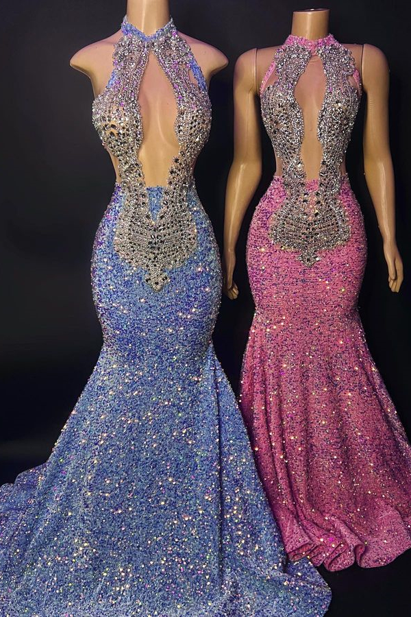 Chic Halter Mermaid Sleeveless Sequins Evening Dress