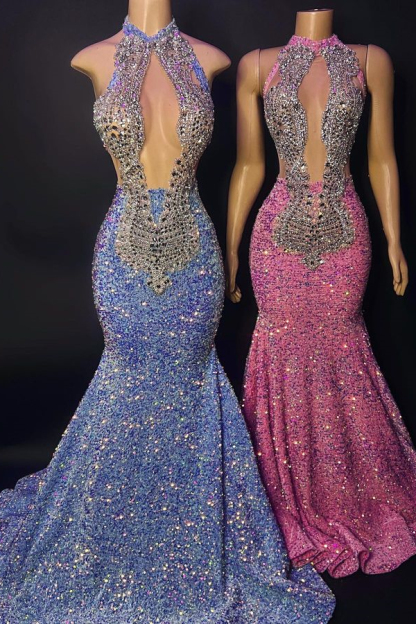 Chic Halter Mermaid Sleeveless Sequins Evening Dress