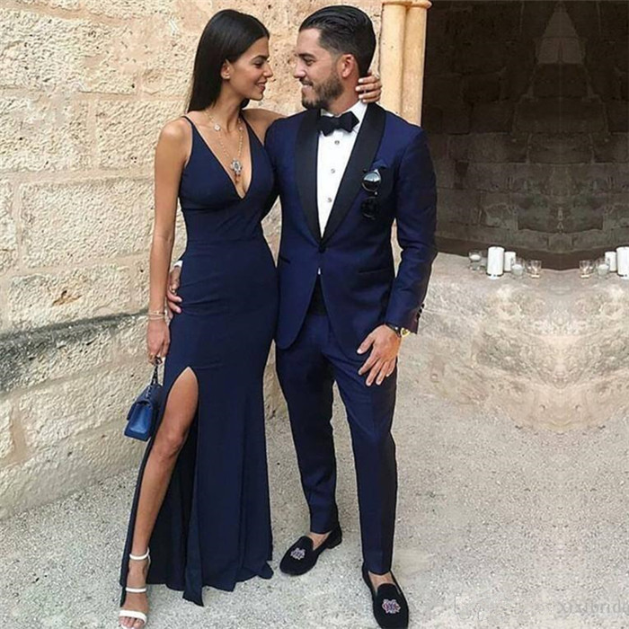 Elegant Dark Blue One-Button Two-Piece Blazer for Groom Black Lapel