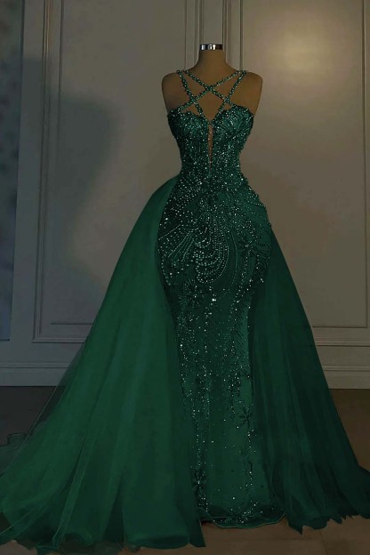 Halter Sleeveless Mermaid Long Formal Dress With Beading Tulle