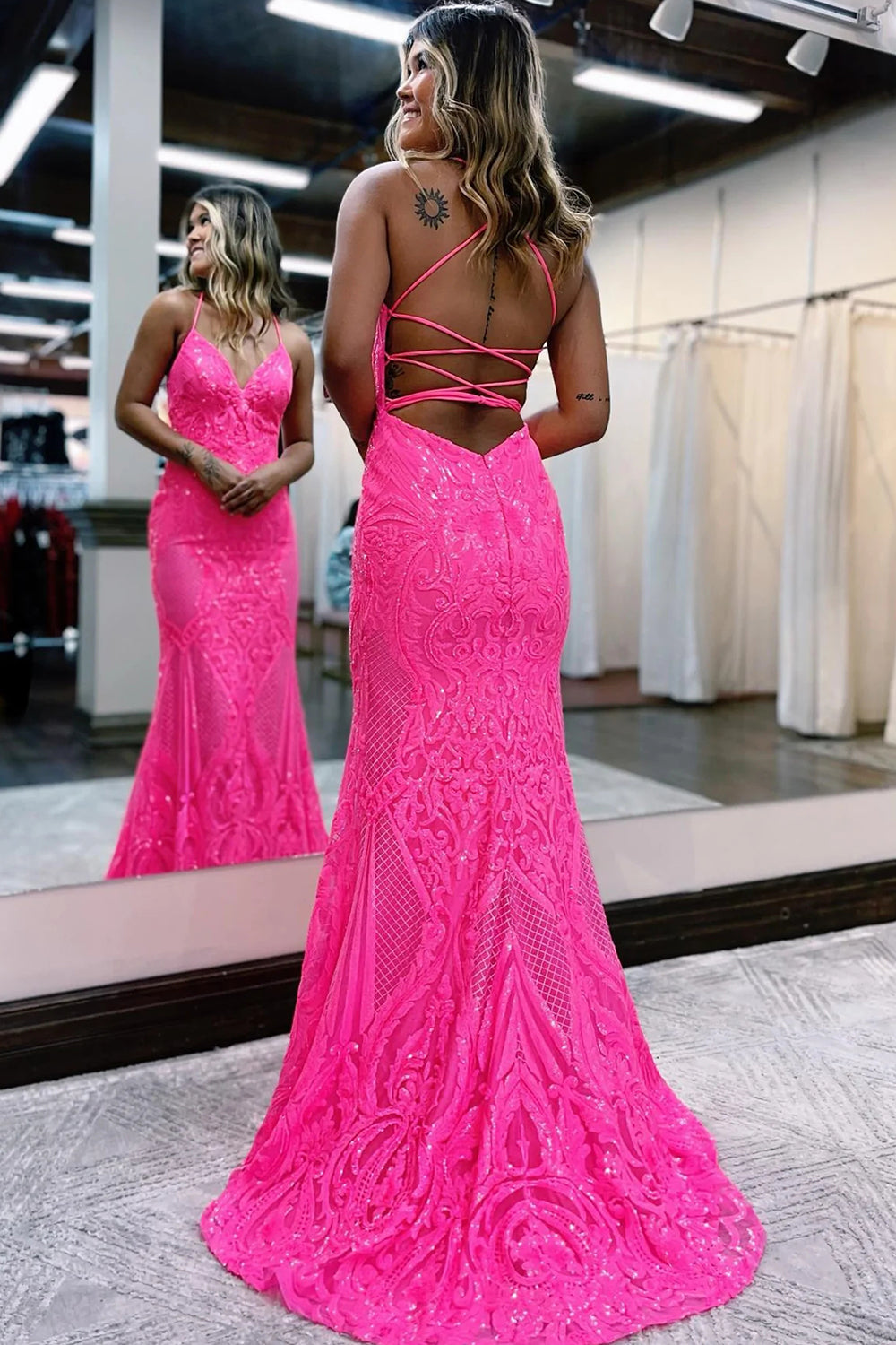 Long Hot Pink Sequined Prom Dress with a Sparkly Mermaid Backless Design
