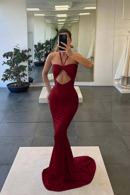Strapless Blue Mermaid Evening Dress With Sleeveless Halter