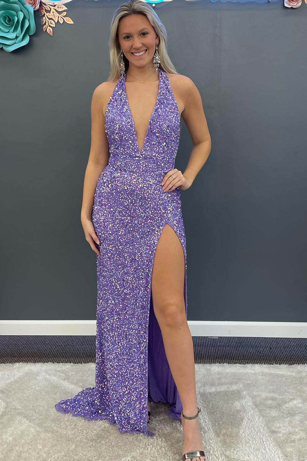 Long Green Sequined Prom Dress with Deep V Neck and Front Split