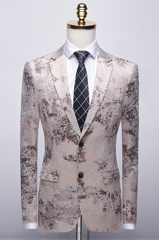 Light Brown Printed Notched-Lapel Wedding Tuxedos with White Pants