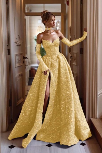 Strapless Sleeveless Long Split Formal Dress With Sequins Detachable sleeves