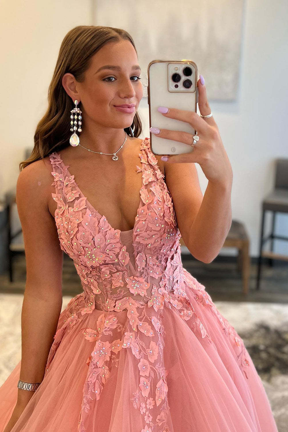 Blush A-Line Long Prom Dress with Deep V Neckline and Princess Appliques