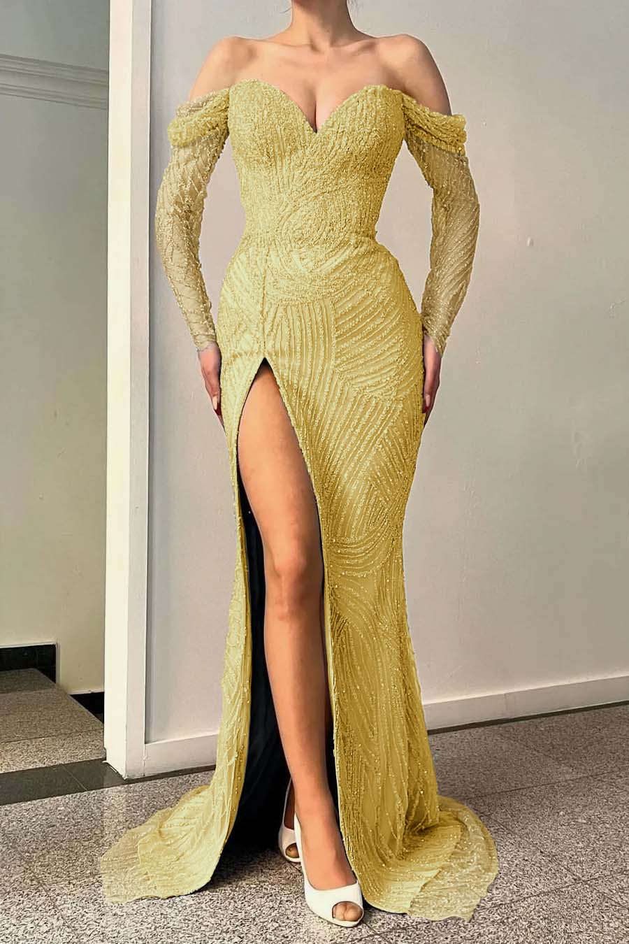 Blue Long Sleeves Off-The-Shoulder Sequins Evening Dress Sweetheart With Split Mermaid