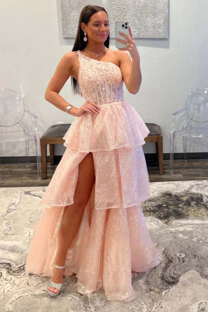 Pink Long Prom Dress with Ruffles in a One-Shoulder A-Line Design