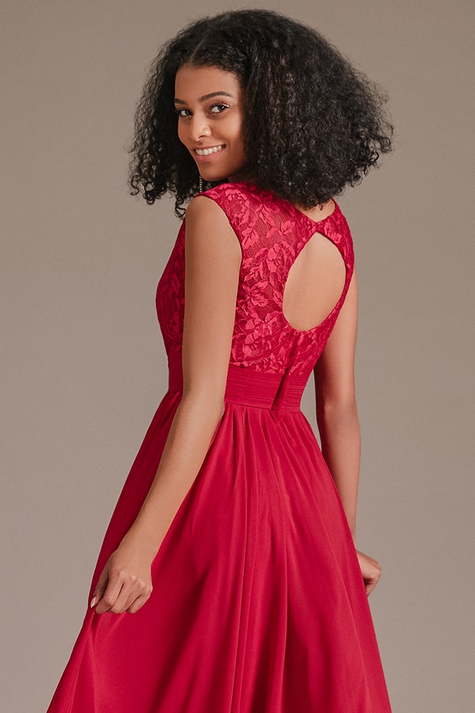 Red Sleeveless Lace Bridesmaid Dress