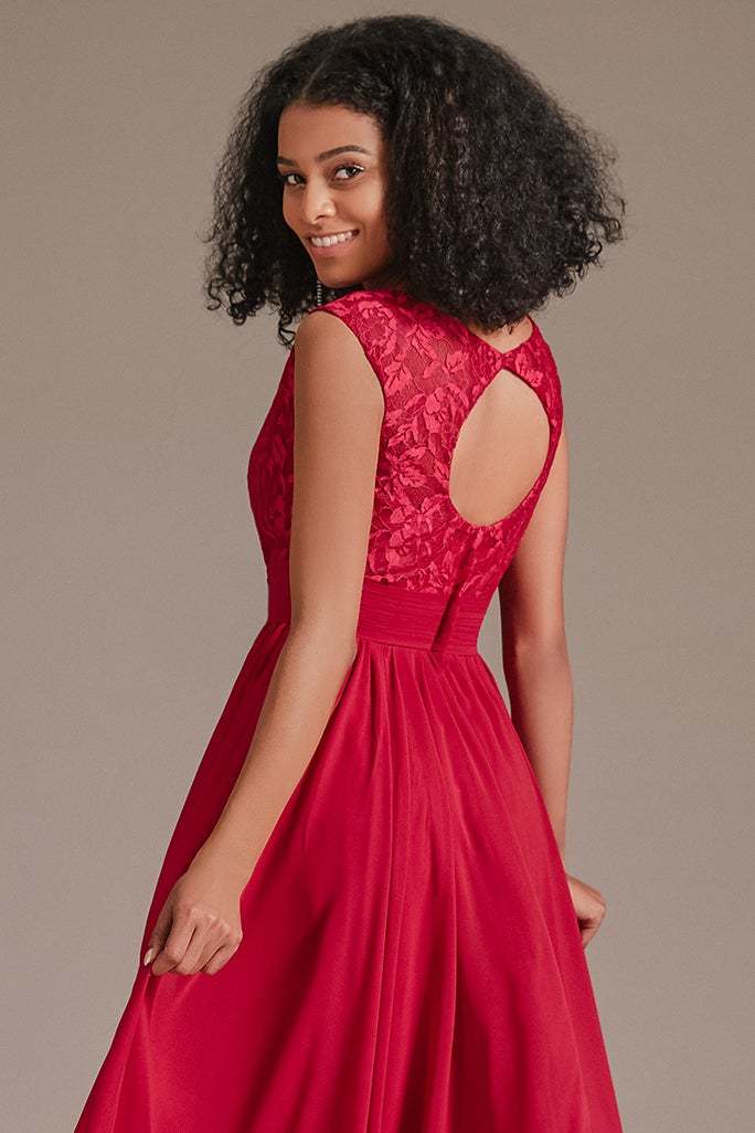 Red Sleeveless Lace Bridesmaid Dress