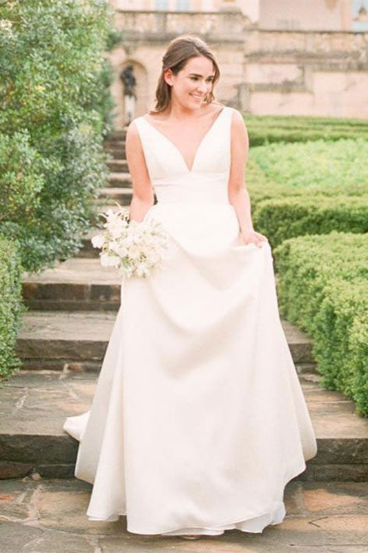 Sleeveless V-Neck Satin Wedding Dress