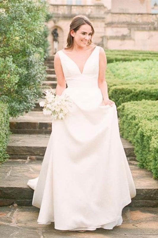 Sleeveless V-Neck Satin Wedding Dress