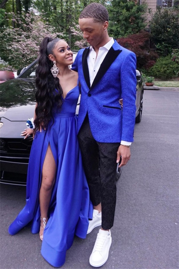 Stylish Royal Blue Jacquard Peaked Lapel Dinner Prom Suit for Man with One Button