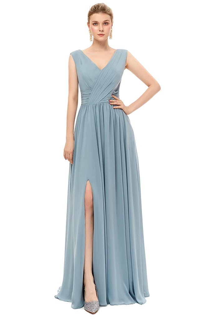V-Neck Dusty Blue Lace-Up Bridesmaid Dress with Slit