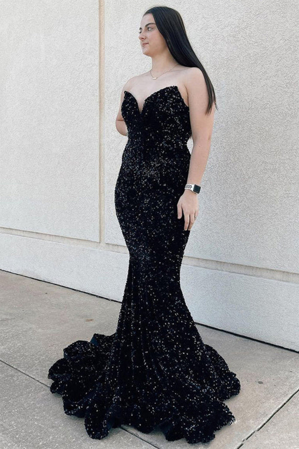 Pink Sequined Long Prom Dress with Mermaid Sweetheart Neckline