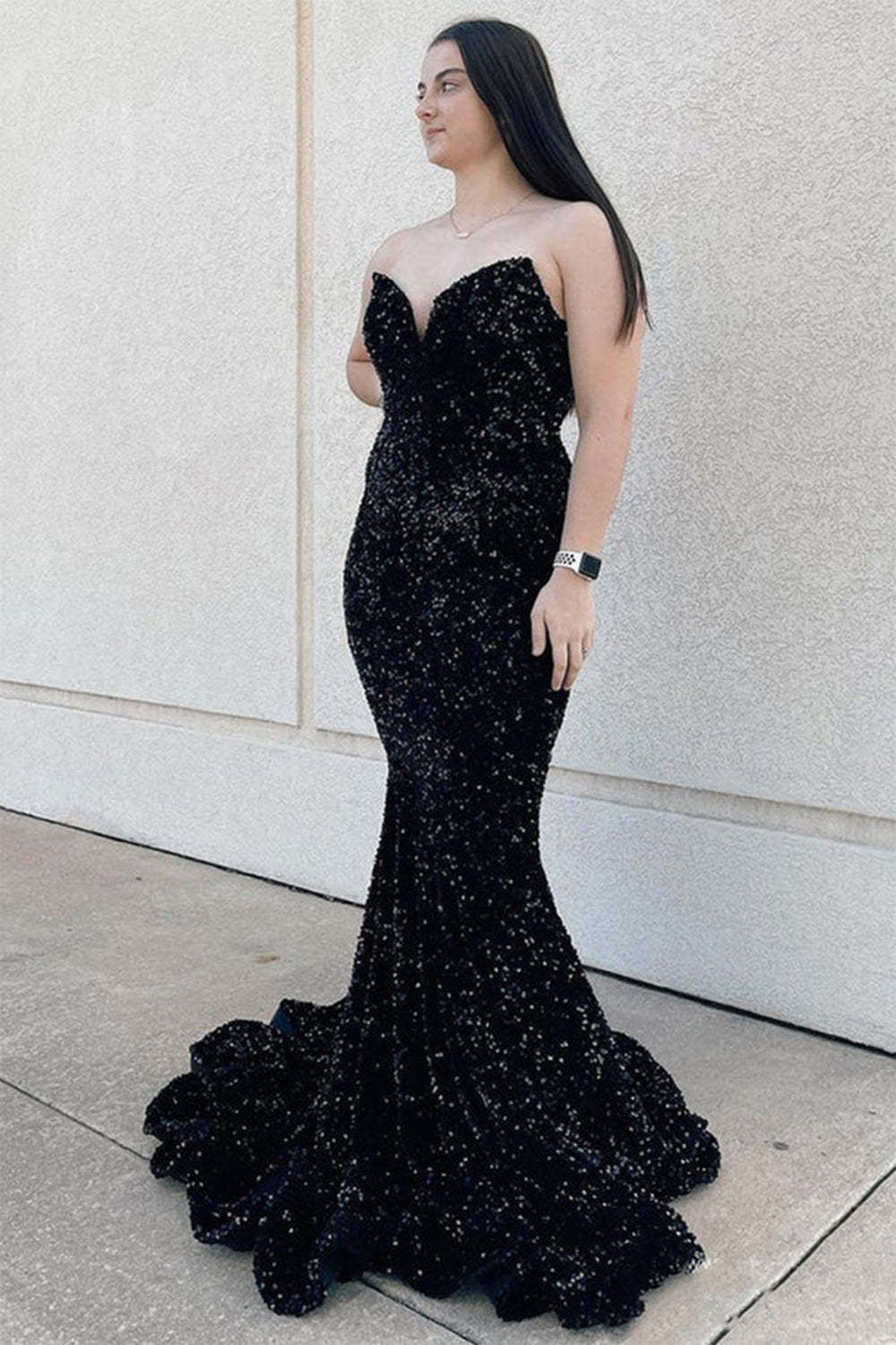 Pink Sequined Long Prom Dress with Mermaid Sweetheart Neckline