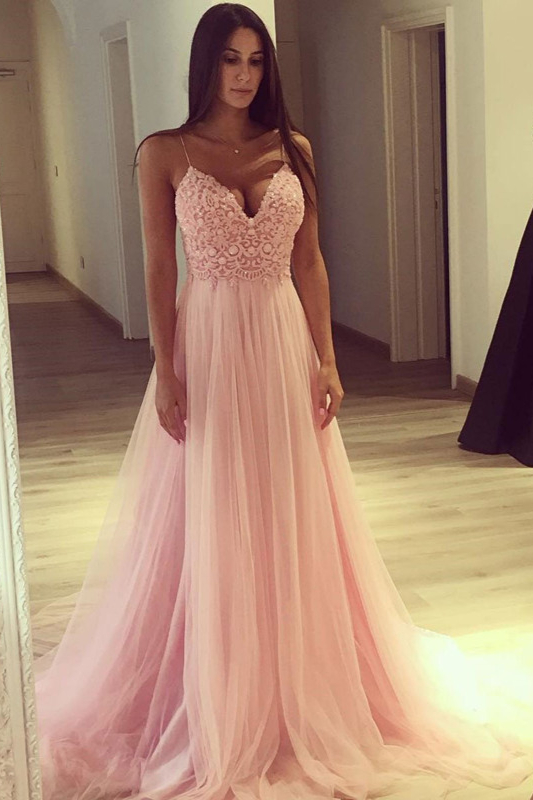 Pink Lace Tulle Prom Dress Spaghetti-Straps