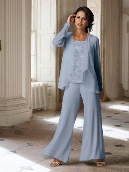Long-Sleeve Chiffon Pantsuit with Jacket for the Mother of the Bride