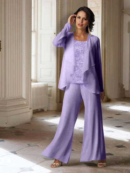 Long-Sleeve Chiffon Pantsuit with Jacket for the Mother of the Bride