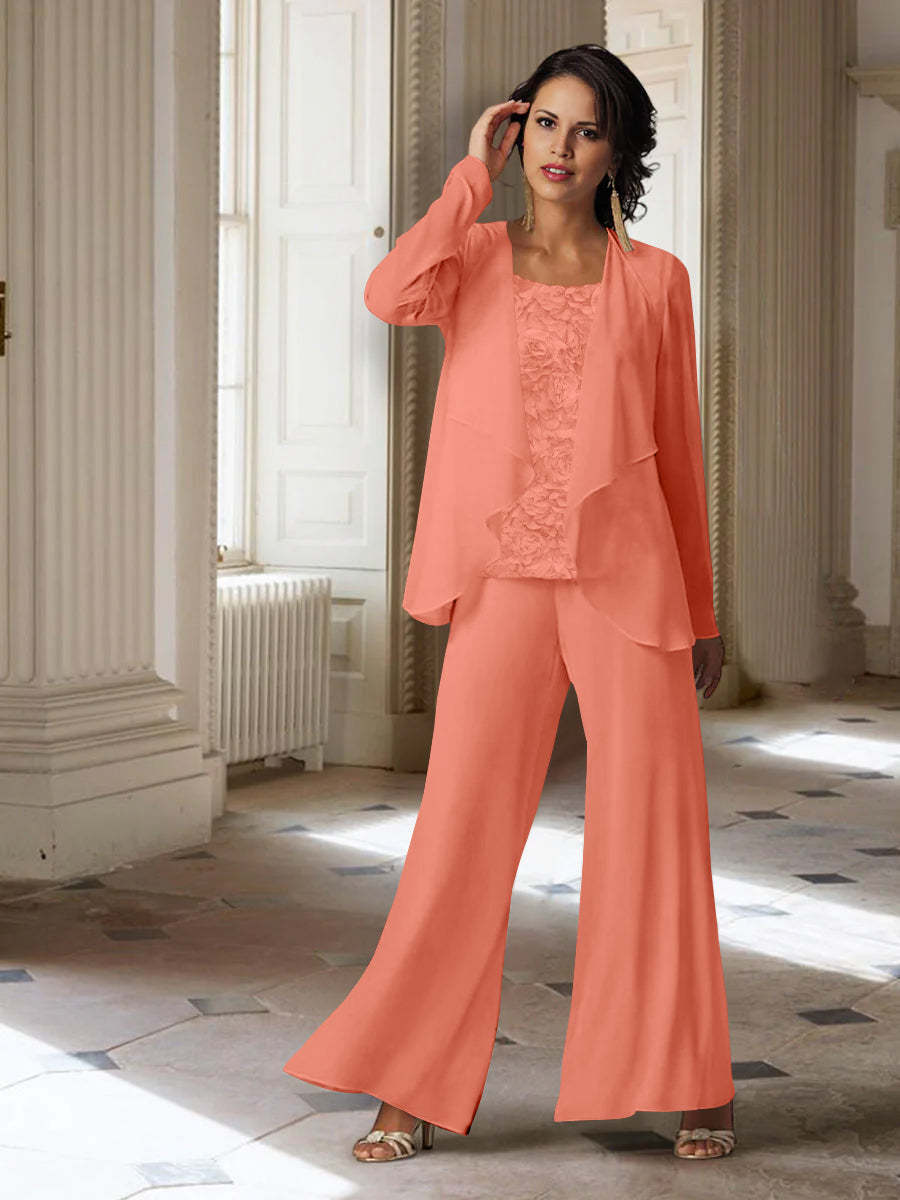 Long-Sleeve Chiffon Pantsuit with Jacket for the Mother of the Bride