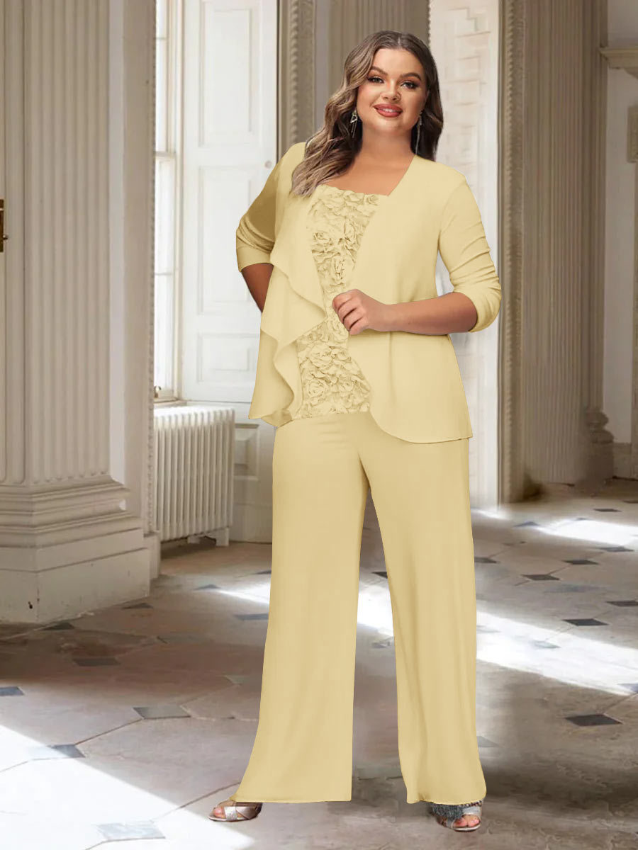 Plus Size Mother of the Bride Chiffon Pantsuit with Long Sleeves and Jacket