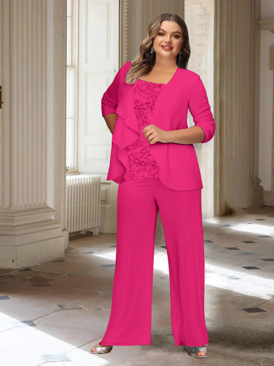 Plus Size Mother of the Bride Chiffon Pantsuit with Long Sleeves and Jacket