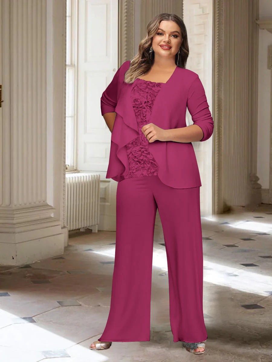 Plus Size Mother of the Bride Chiffon Pantsuit with Long Sleeves and Jacket
