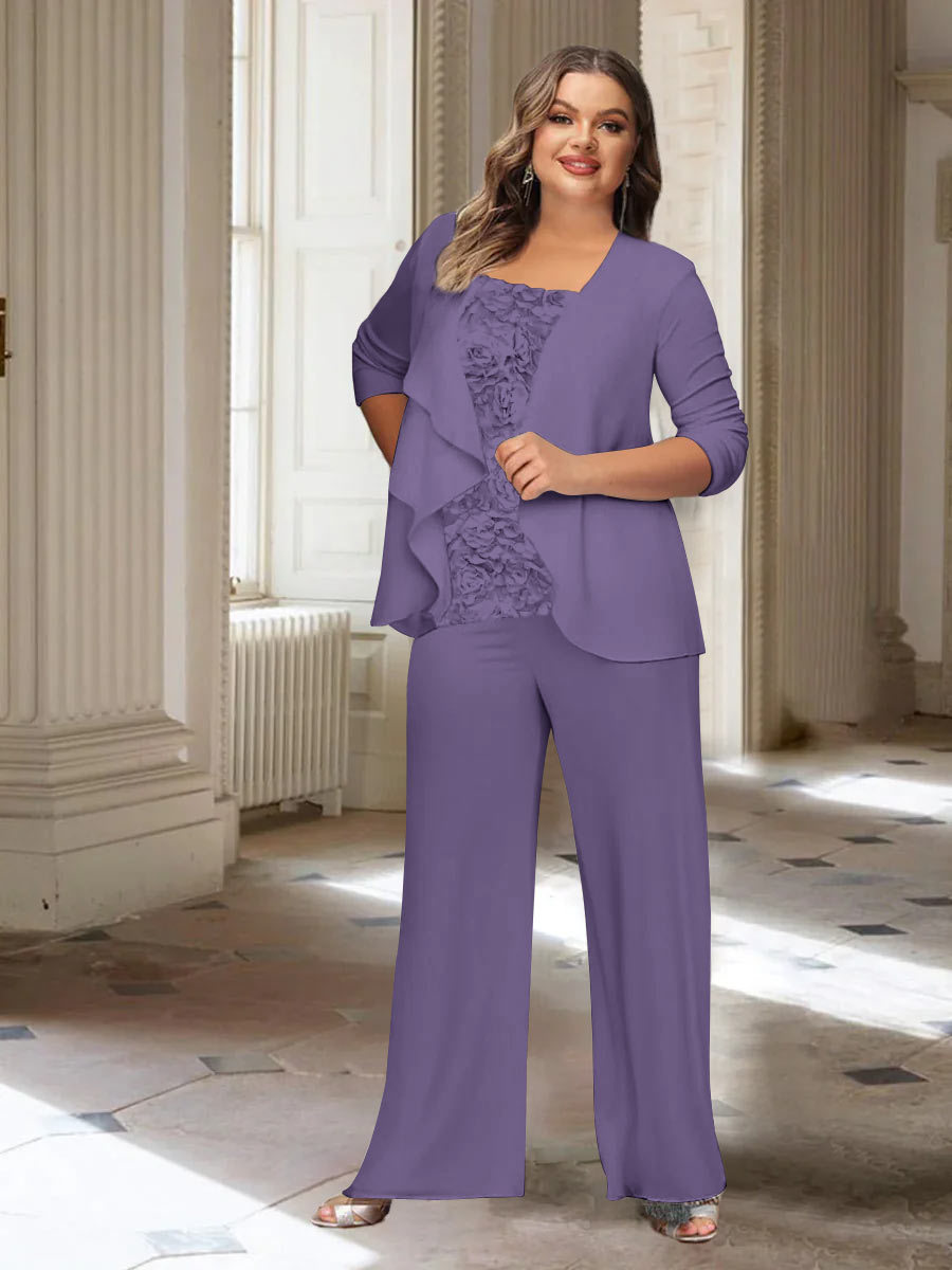 Plus Size Mother of the Bride Chiffon Pantsuit with Long Sleeves and Jacket