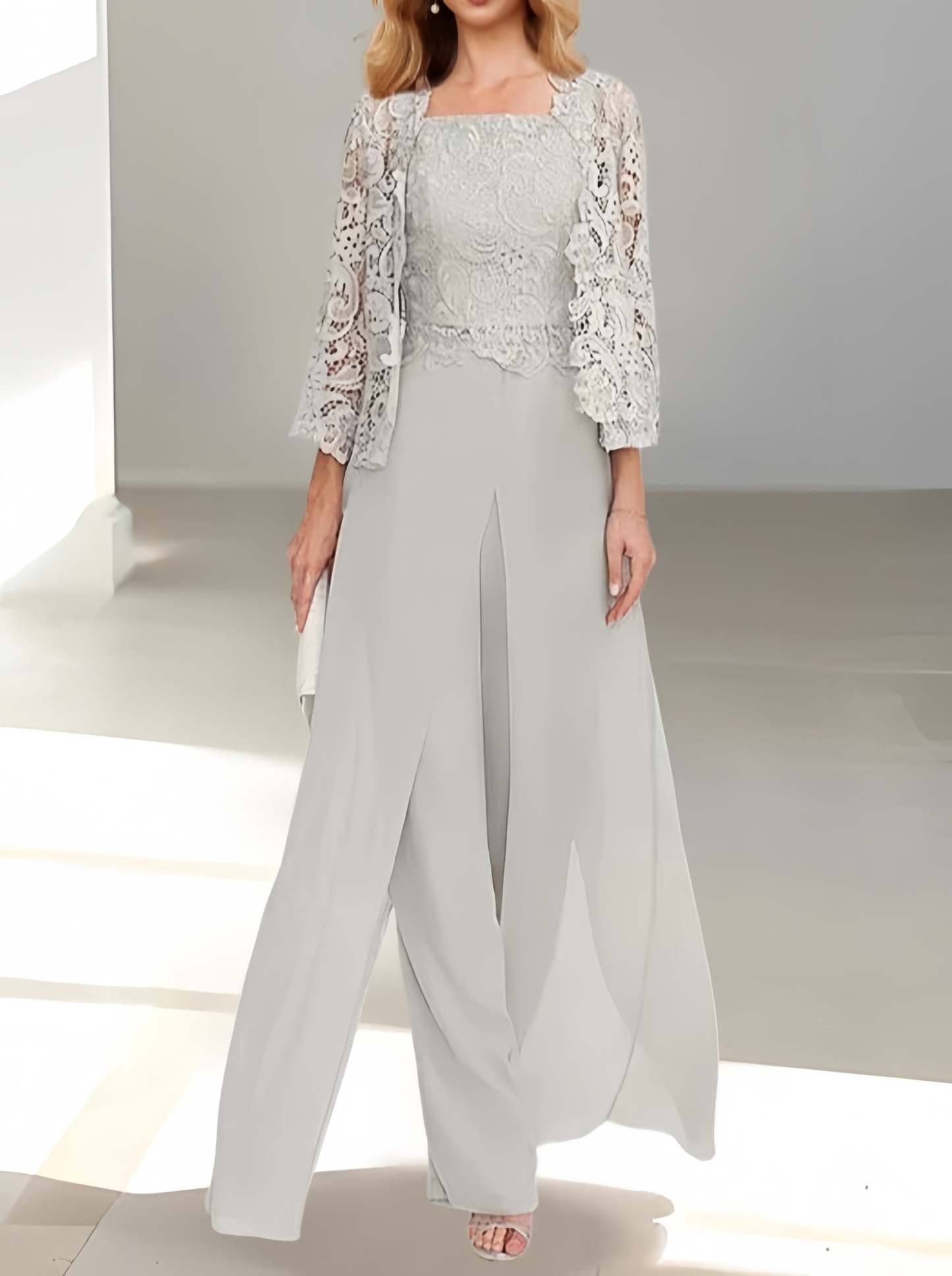 Floor-Length Square Neck Chiffon Mother of the Bride Pantsuit with Jacket & Side Split