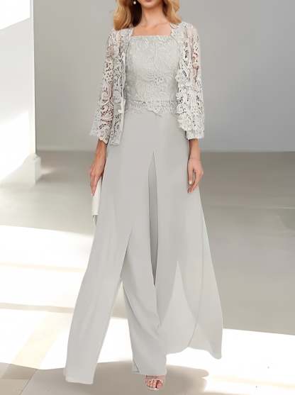 Floor-Length Square Neck Chiffon Mother of the Bride Pantsuit with Jacket & Side Split